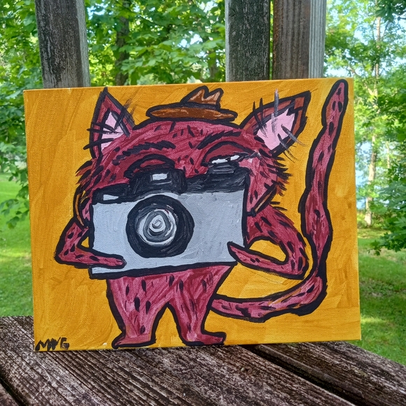 Cat Taking A Picture Painting Folk Art Home Whimsical Decor - Picture 5 of 6